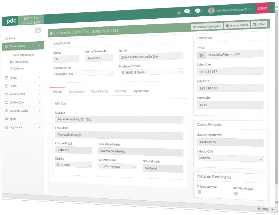 Ecrã icha Funcionário do PdC